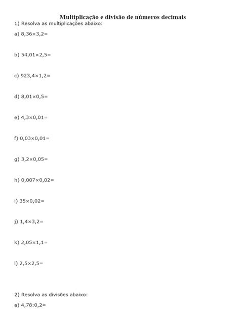 Multiplicação E Divisão Com Números Decimais Exercícios - Multiplicação e Divisão de Números Decimais | PDF