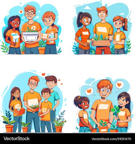 Cartoon volunteers groups scenes eco volunteering Vector Image