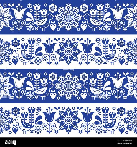 Scandinavian folk art seamless vector pattern with flowers and birds ...