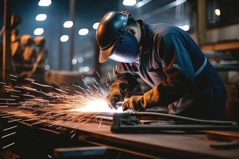 Soldador en el trabajo soldadura de piezas metálicas en una planta