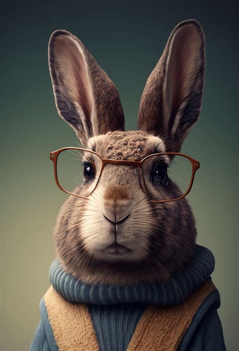 Hipster Bunny Rabbit Wearing Clothes And Glasses Rabbit Portrait Stock