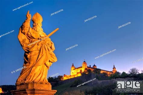 Statue On Old Main Bridge And Fortress Marienberg Germany Bavaria