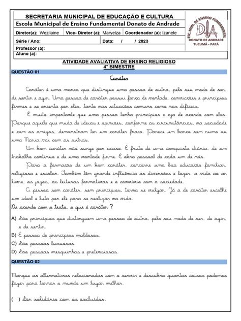 Atividade Avaliativa De Ens Religioso 4º Bimes 5º Ano Pdf