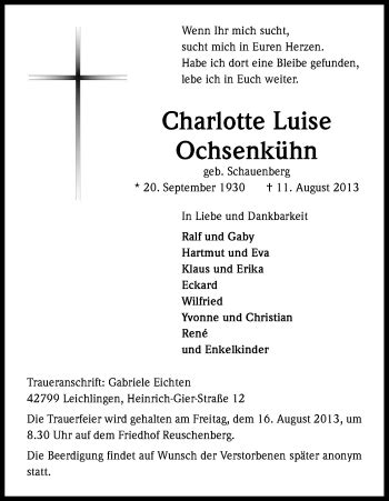 Traueranzeigen Von Charlotte Luise Ochsenk Hn Wirtrauern