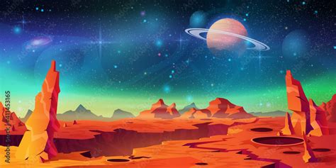 Mars Surface Landscape Alien Planet Background Saturn On Starry Sky