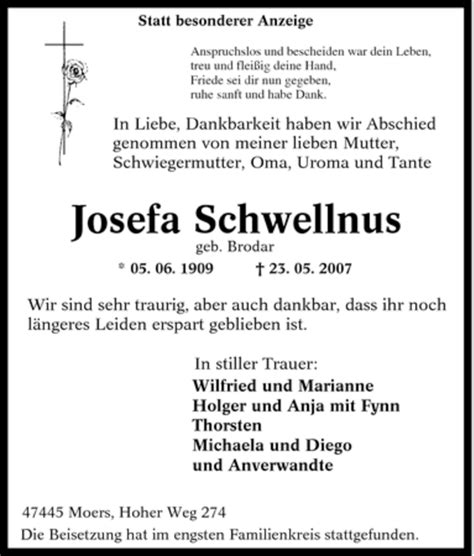 Traueranzeigen Von Josefa Schwellnus Trauer In Nrw De