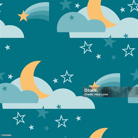 Seamless Repeat Pattern Night Sky With Moon Shooting Star And Clouds