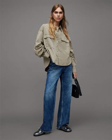 All Saints Eliana Washed Denim Shirt - Washed Olive Green | Editorialist