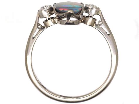 Art Deco Ct White Gold Platinum Black Opal Diamond Ring U