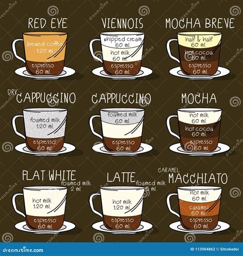 Gráfico Con Los Tipos Del Café Recetas Proporciones Ilustración Del Vector Ilustración De