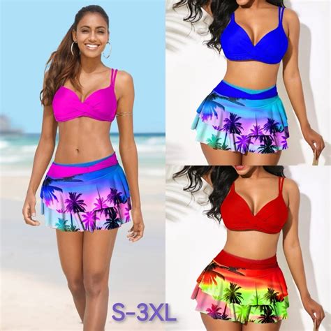 European American Sexy Split High Waist Ruffled Printed Bikini S 3XL