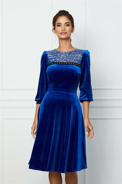 rochie moze albastra din catifea cu paiete la bust rochii ieftinenet