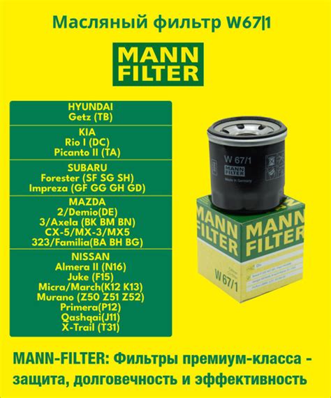 Фильтр масляный MANN W 67/1 INFINITI, MAZDA, SUBARU, NISSAN Мазда 2 ...