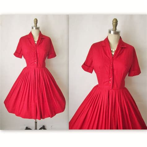 50 S Red Shirtwaist Dress Vintage 1950 S Red Cotton Etsy Vintage