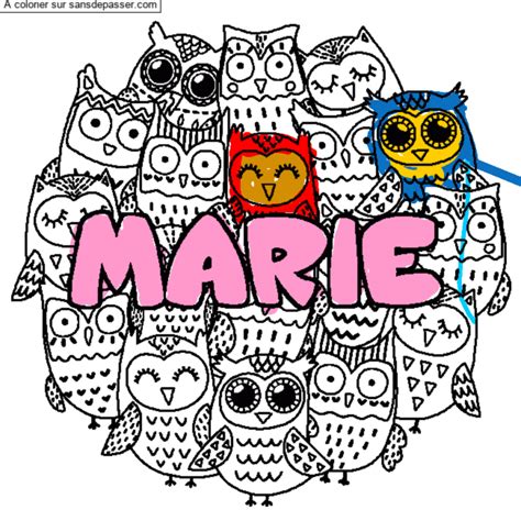 Dessin colorié Coloriage prénom MARIE décor Chouettes par un invité