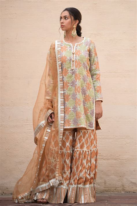 Buy Orange Banarasi Patchwork Kurta Set For Women By Simar Dugal Online