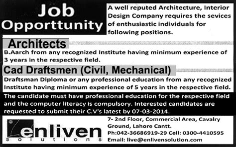 Cad Draftsman Architect Jobs In Lahore March At Enliven