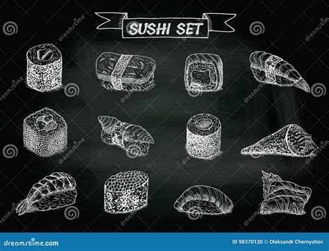 Gezeichnete Illustration Der Sushi Und Der Rollen Hand Stock Abbildung