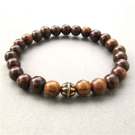 Mens Brown Robles Wooden Beaded Stretch Bracelet With Antique Gold Bead