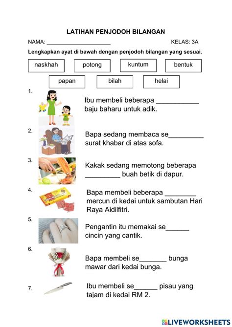 Latihan Penjodoh Bilangan Tahun 3 Worksheet