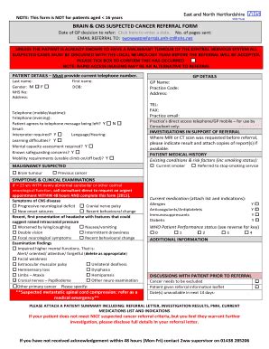 Fillable Online Brain Cns Suspected Cancer Referral Bformb Fax