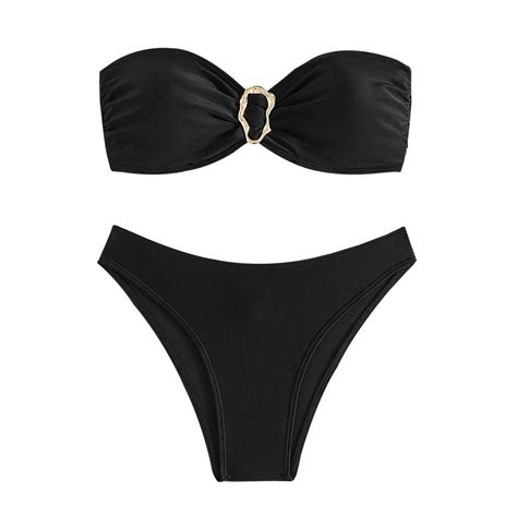 Piece Swimsuit For Women Solid Color Strapless Backless Gathering Separate Bikini Black Women