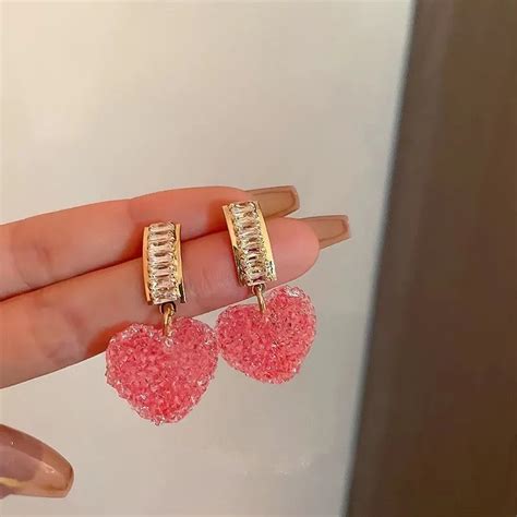 Korean Pink Heart Crystal Drop Earrings Vembley