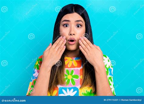 Portrait Of Impressed Woman Reaction Hands Cheeks Open Mouth Confused