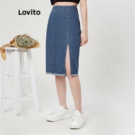 Lovito Saia Jeans Feminina Casual Lisa Dividida Frontal L Ed Azul