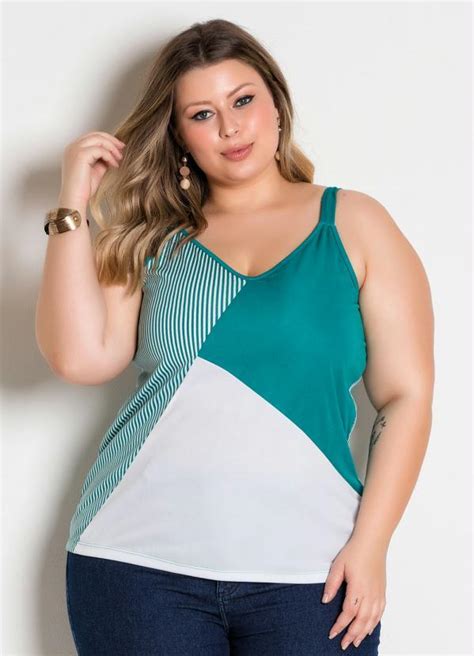 Blusa de Alças Turquesa e Branco Plus Size Marguerite