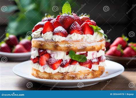 Biskuitkuchen Mit Sahne Und Erdbeeren Ai Generiert Stock Abbildung