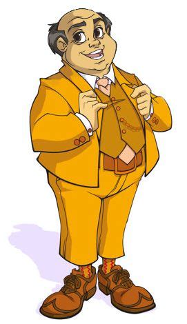 a cartoon man in an orange suit and brown shoes with his hands on his chest