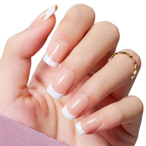 Beetles Jelly Uñas postizas a presión color rosa nude uñas francesas cuadradas cortas