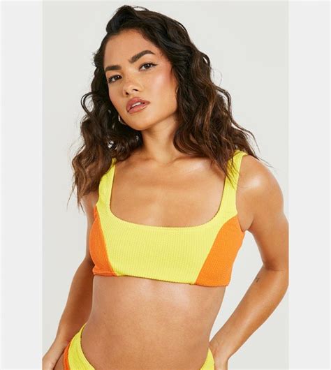 Buy Boohoo Colour Block Crinkle Scooped Bikini Top In Orange