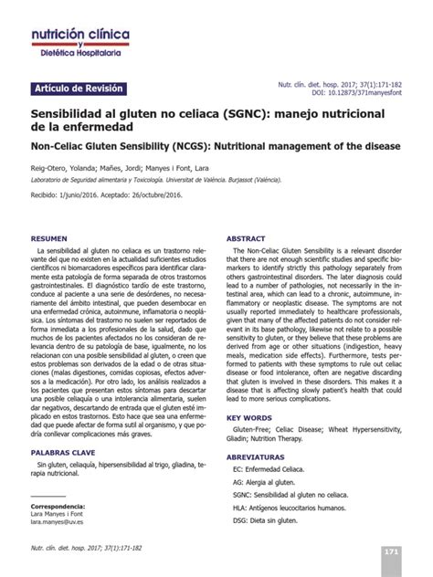 Sensibilidad Al Gluten No Celiaca Sgnc Manejo Nutricional Pdf