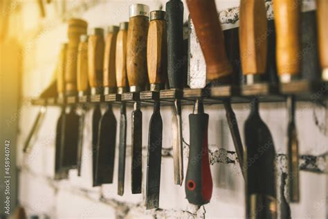 Craftsmanship and handmade concept. Wood carving tools. Carpentry ...