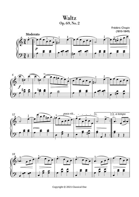 Chopin Waltz Op 69 No 2 Easy Piano Sheet Music Classical Music Music Score Digital Music