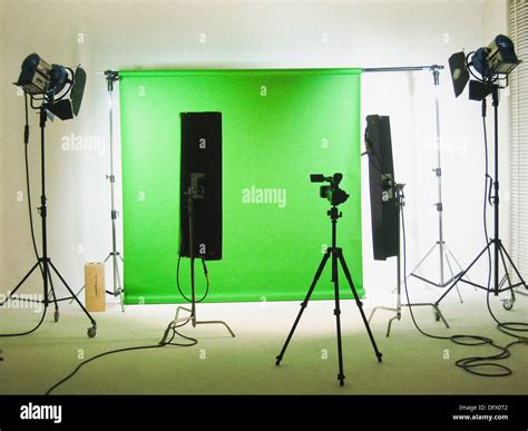 Photography Studio Set Up For Photo Shoot With Green Backdrop Stock