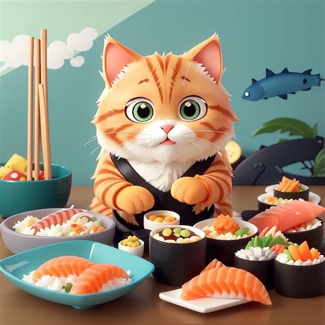 Premium Photo Cute Cat Eating Sushi Cartoon Vector Icon Illustration