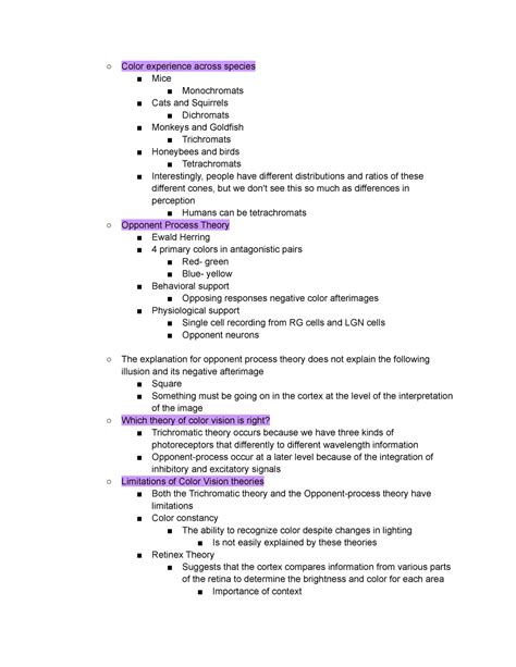 Lecture Twenty - Vision III - Color experience across species Mice Monochromats Cats and - Studocu