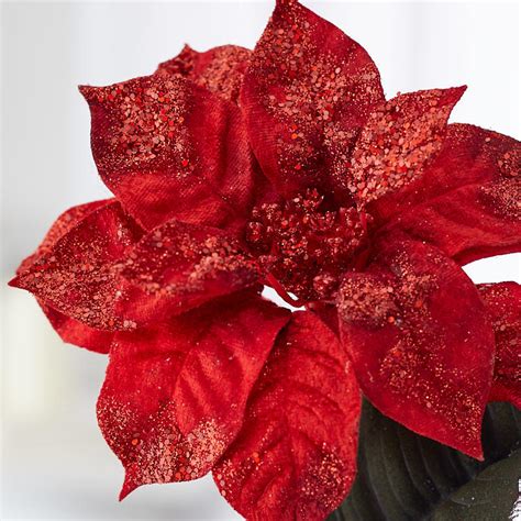 Artificial Glittered Red Poinsettia Stem Christmas Holiday Florals