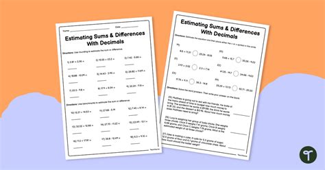 Estimating Sums And Differences With Decimals Worksheet For Year