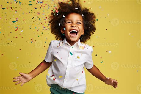 Excited African American kid jumping and catching confetti in studio ...