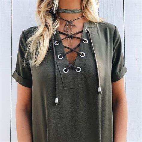 Cute Wrap Tie Up Choker Necklace Outfit Ideas - Lace Up T Shirt in Army Green at MyBodiArt.com ...