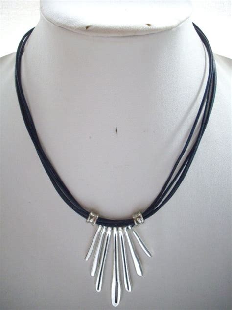 Multi Strand Navy Blue Leather Necklace With Silver Spike Bib And