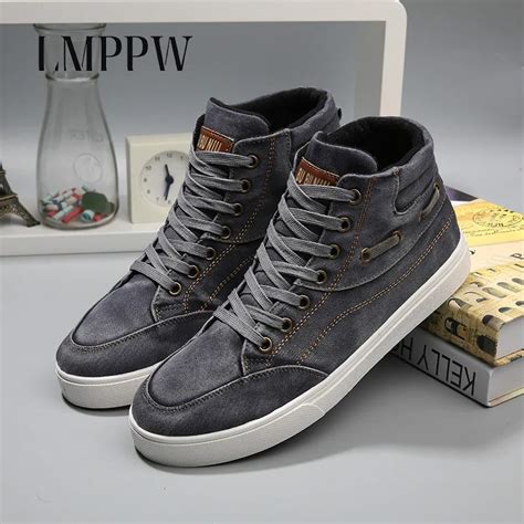 Fashion Retro Brand Mens Denim Canvas Shoes High Top Lace Up Sneakers