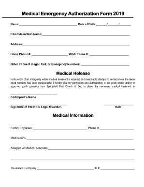 Fillable Online Medical Emergency Authorization Form 2019 Docx Fax