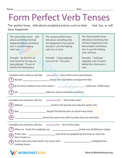 Form Perfect Verb Tenses Interactive Worksheet Education