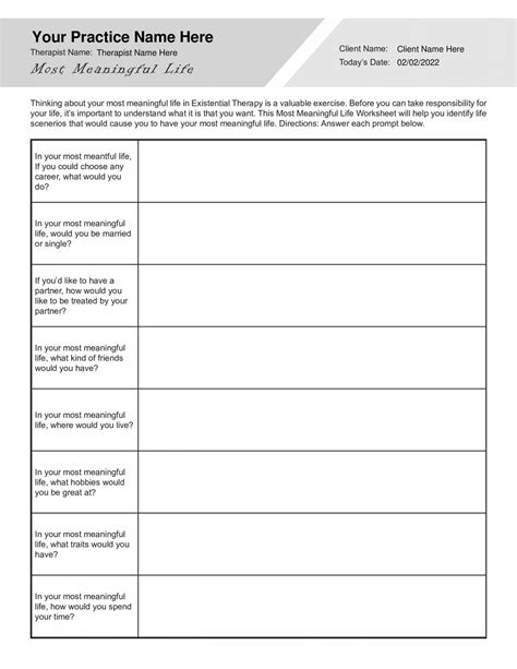 Existential Therapy Most Meaningful Life Worksheet Pdf