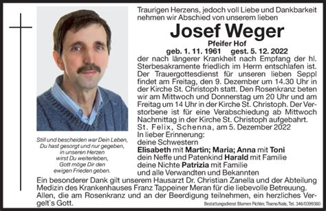 Traueranzeigen Von Josef Weger Trauer Bz